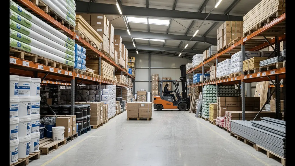 Intérieur entrepôt négoce matériaux avec rayonnages professionnels et chariot élévateur