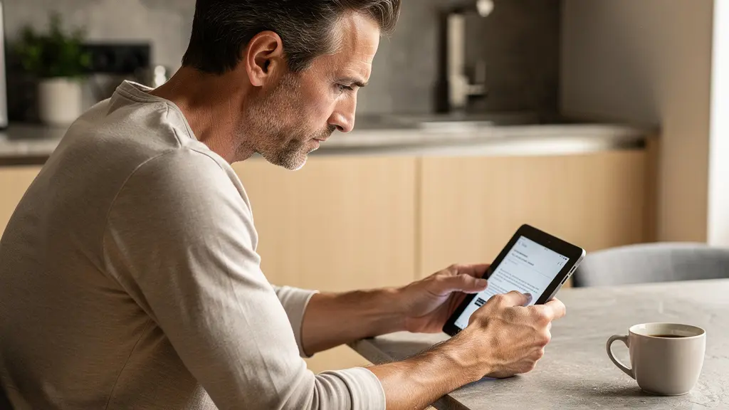 Propriétaire consultant devis matériaux sur tablette dans cuisine moderne