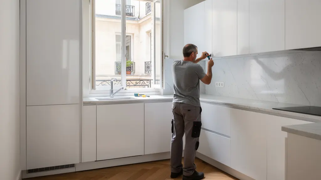 Cuisine moderne rénovée dans appartement parisien avec parquet et finitions