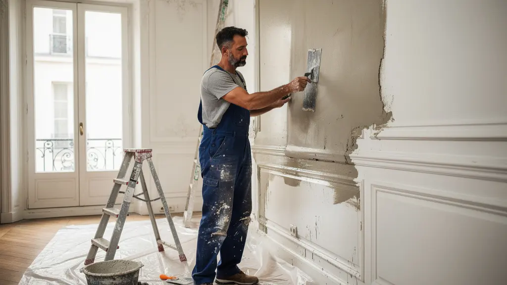 Artisan rénovant un appartement parisien haussmannien avec moulures et parquet